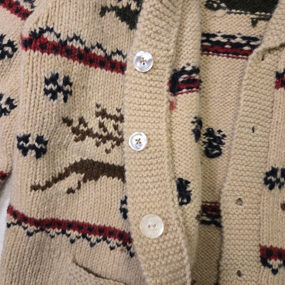 VTG L.L. Bean Reindeer Wool Cardigan Sweater Tan Women Small Shawl Collar Pocket